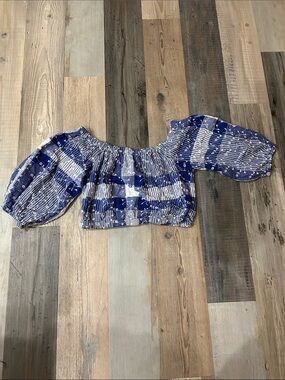 Forever 21 Blue Eyelets White Gingham Off-Shoulder Top Sz S Resort Wear TC0366